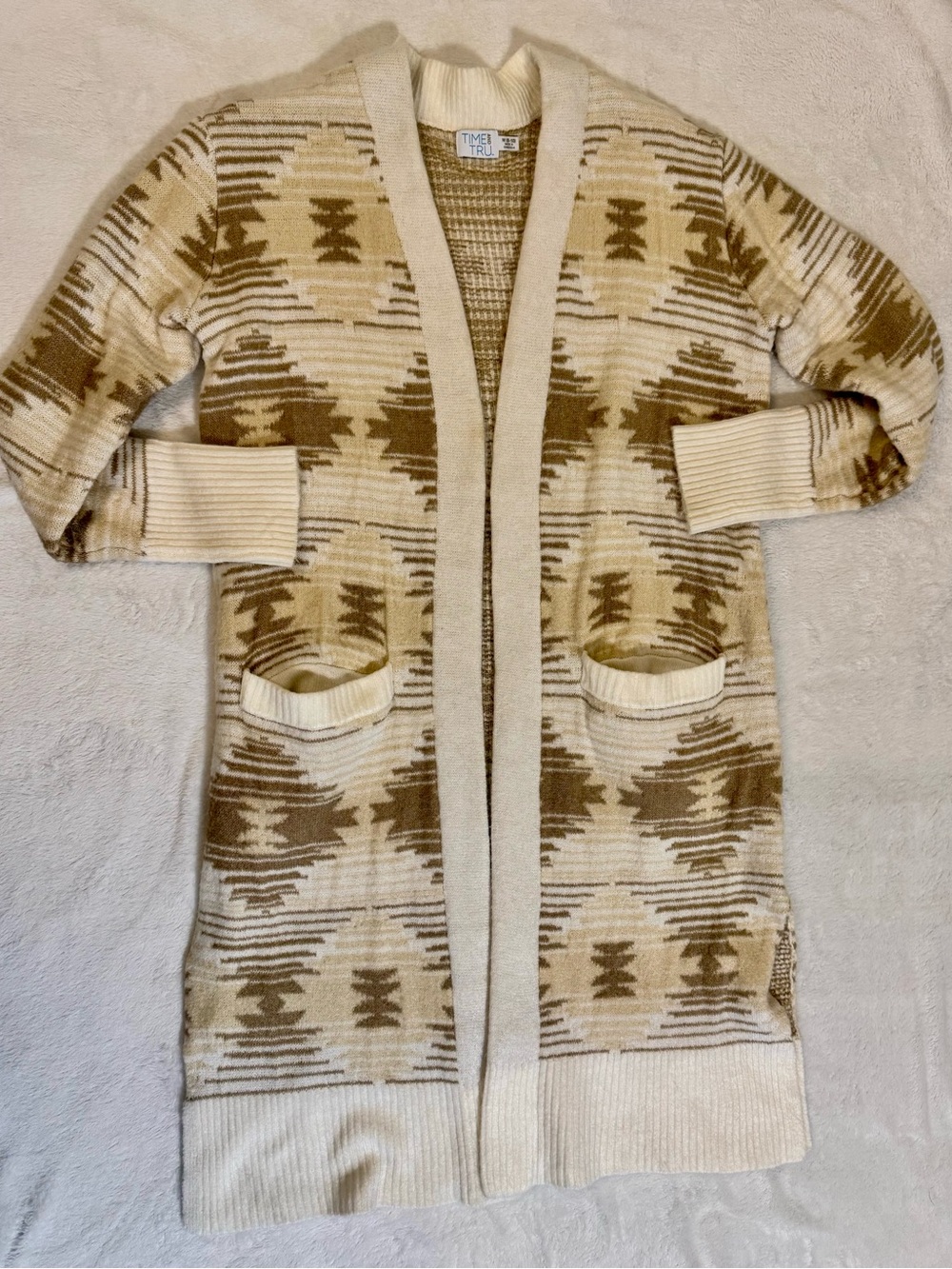 Time and Tru Cream and Brown Southwestern Open-Front Cardigan